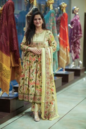 Kala Creation Off White Floral Printed Anarkali Kurta Pant And Dupatta Set