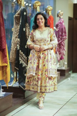 Kala Creation Off White Floral Printed Anarkali Kurta Pant And Dupatta Set