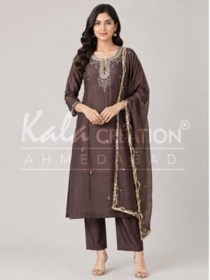 Neckline Work Plain Kurti Pant And Dupatta Set