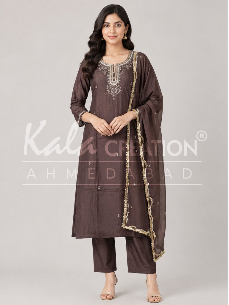 Neckline Work Plain Kurti Pant And Dupatta Set