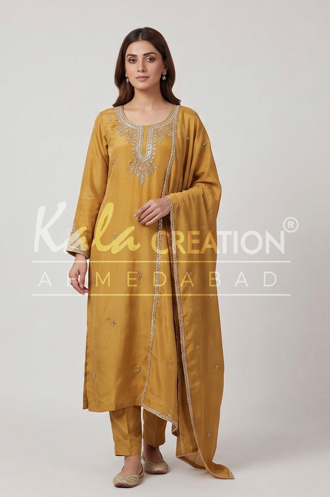 Beautiful Neckline Work Kurti Pant And Dupatta Set