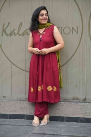 Kala Creation Sleeveless Flared V Neck Kurta Pant And Dupatta Set