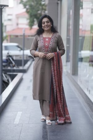 Beautiful Neckline Mirror Work Latest Kurta Pant And Dupatta 3Pcs Set