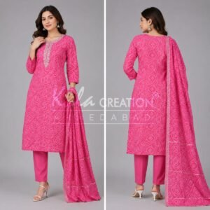 Round Neckline Work Fancy Kurta, Pant And Dupatta Set