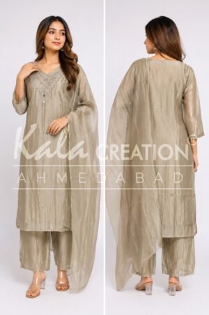 Beautiful Neckyoke Work Kurta, Pant And Dupatta Set