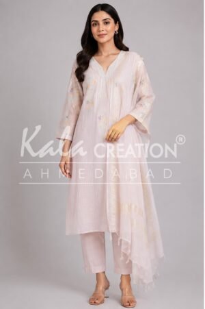 Trending V-Neck Kurti Pant And Dupatta Set