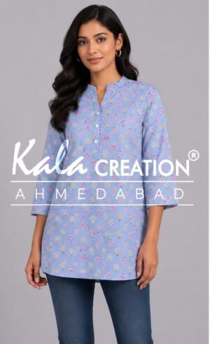 Beautiful Subtle Floral Printed Round V Neck Short Kurti