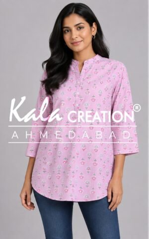 Beautiful Shade Micro Printed Round V Neck Short Kurti