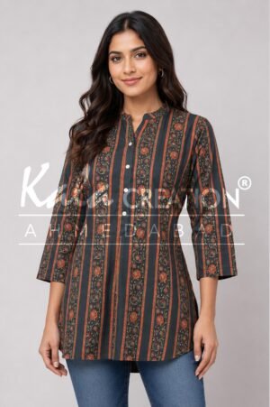 Featuring Vertical Stripes And Traditional Printed Short Kurti