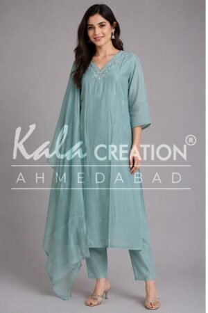 Kala Creation Beautiful V Neckline Work Kurta Pant And Dupatta Set