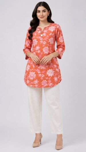 Fancy Beautiful Neckline Mirror Work Printed Short Kurti