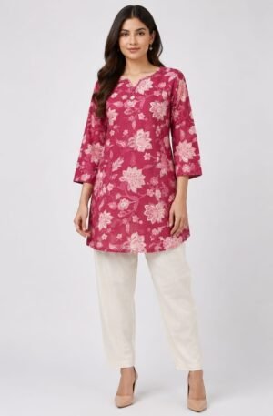 Fancy Beautiful Neckline Mirror Work Printed Short Kurti