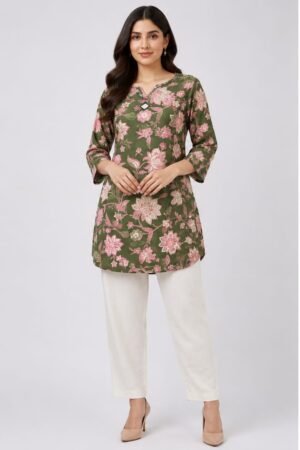 Fancy Beautiful Neckline Mirror Work Printed Short Kurti