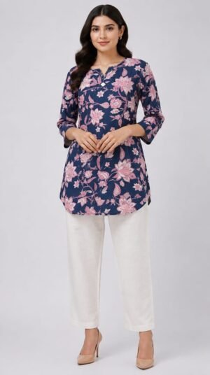 Fancy Beautiful Neckline Mirror Work Printed Short Kurti