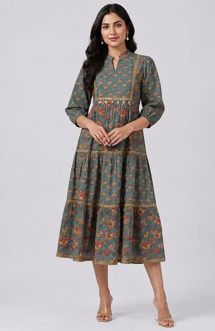 Fancy Latest Round V-Neck Printed Midi