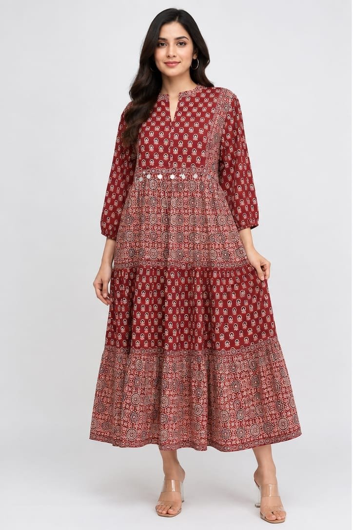 Fancy Latest Round V-Neck Printed Midi