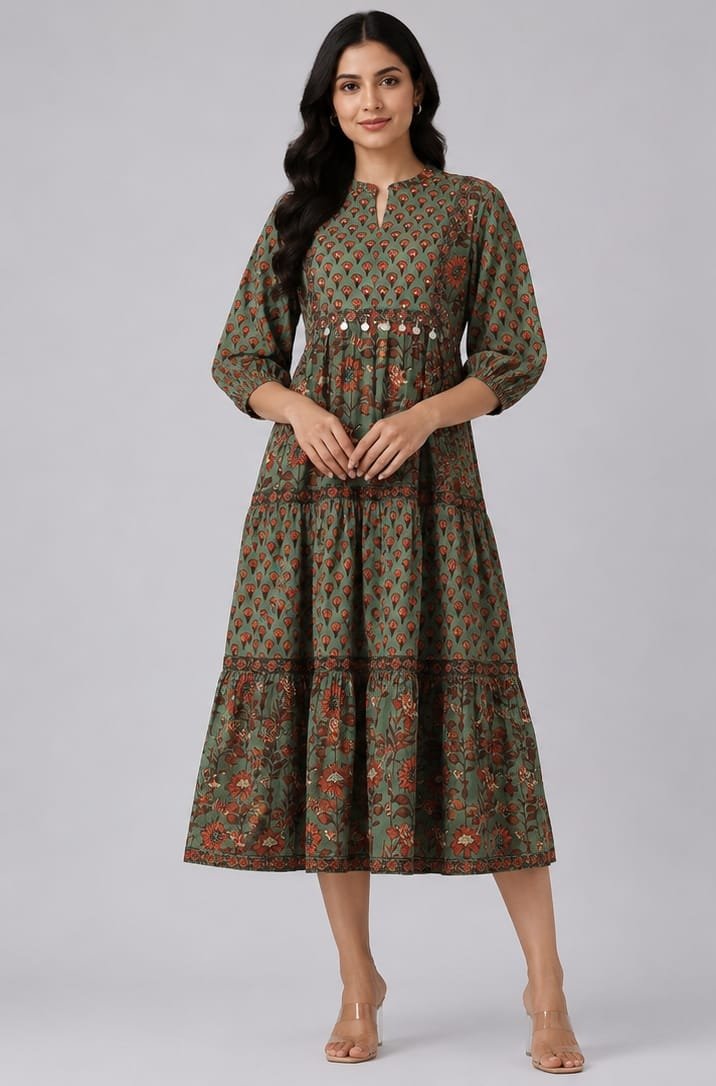 Fancy Latest Round V-Neck Printed Midi
