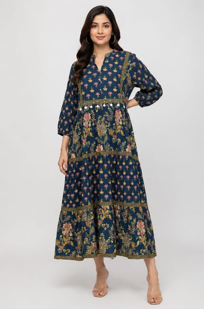 Fancy Latest Round V-Neck Printed Midi