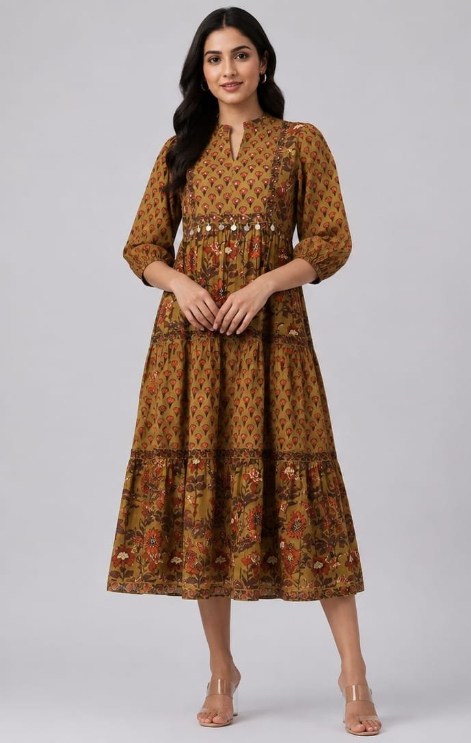 Fancy Latest Round V-Neck Printed Midi