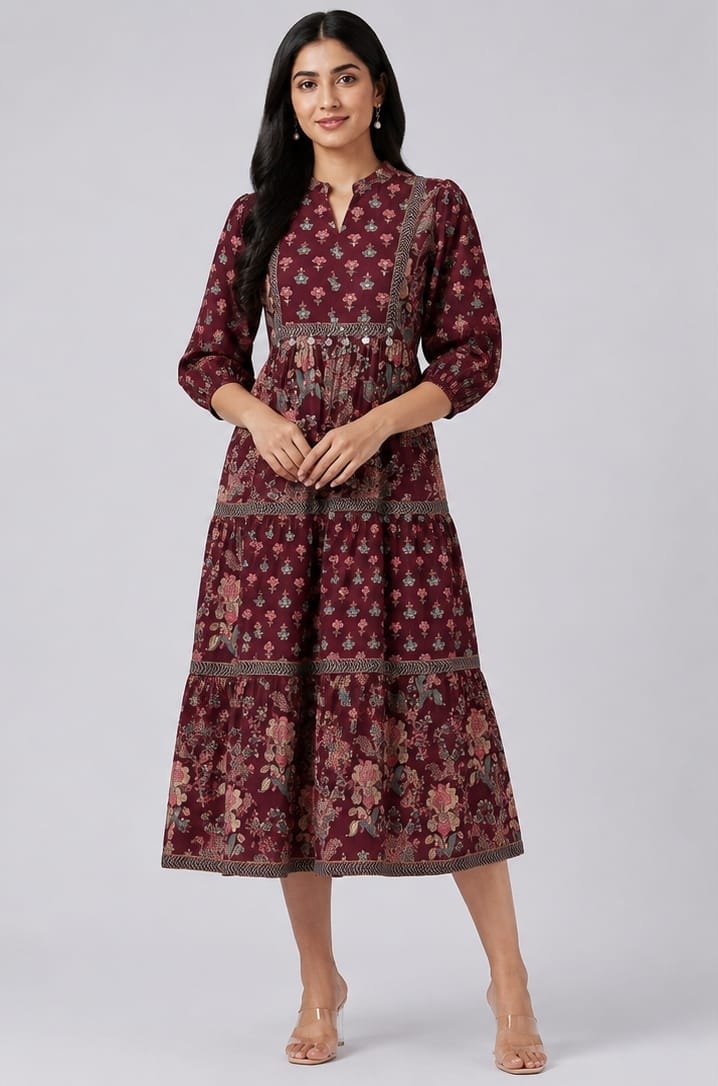 Fancy Latest Round V-Neck Printed Midi