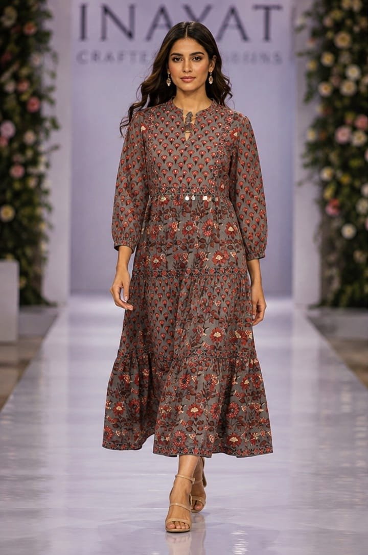 Fancy Latest Round V-Neck Printed Midi