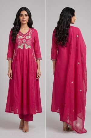 Beautiful Embroidered Flared Kurta Pant And Dupatta Set
