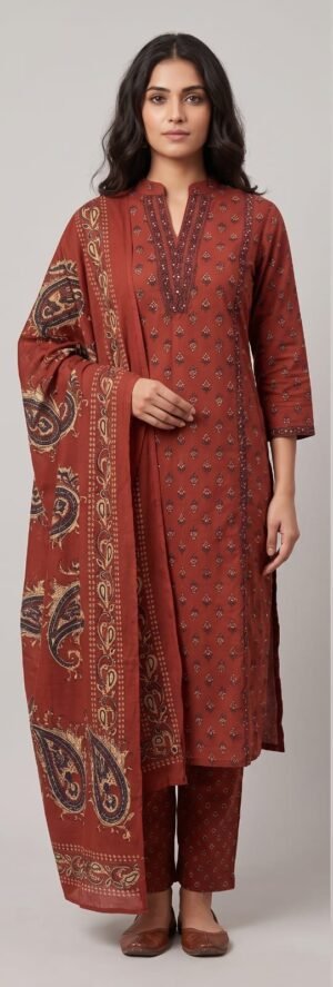Fancy Deep Muted Tones And Timeless Embroidery Kurta Pant And Dupatta Set