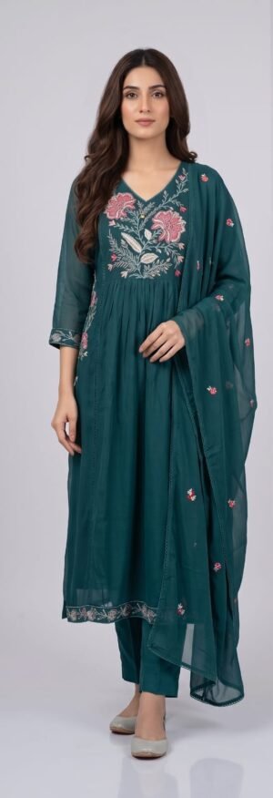 Beautiful Embroidered Flared Kurta Pant And Dupatta Set