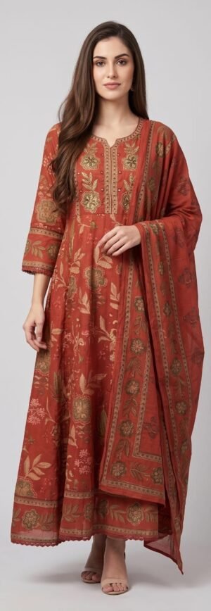 Classic Rust Orange Flared Kurta Pant And Dupatta Set