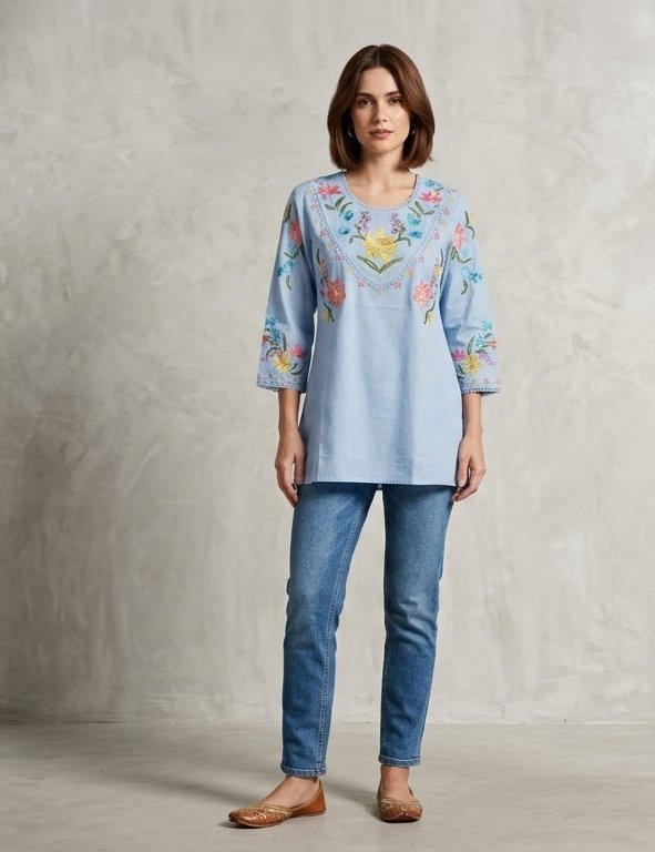 A Classic Tunic Featuring Delicate Pastel Embroidery Around The Neckline Short Kurti