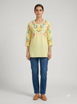 A Classic Tunic Featuring Delicate Pastel Embroidery Around The Neckline Short Kurti